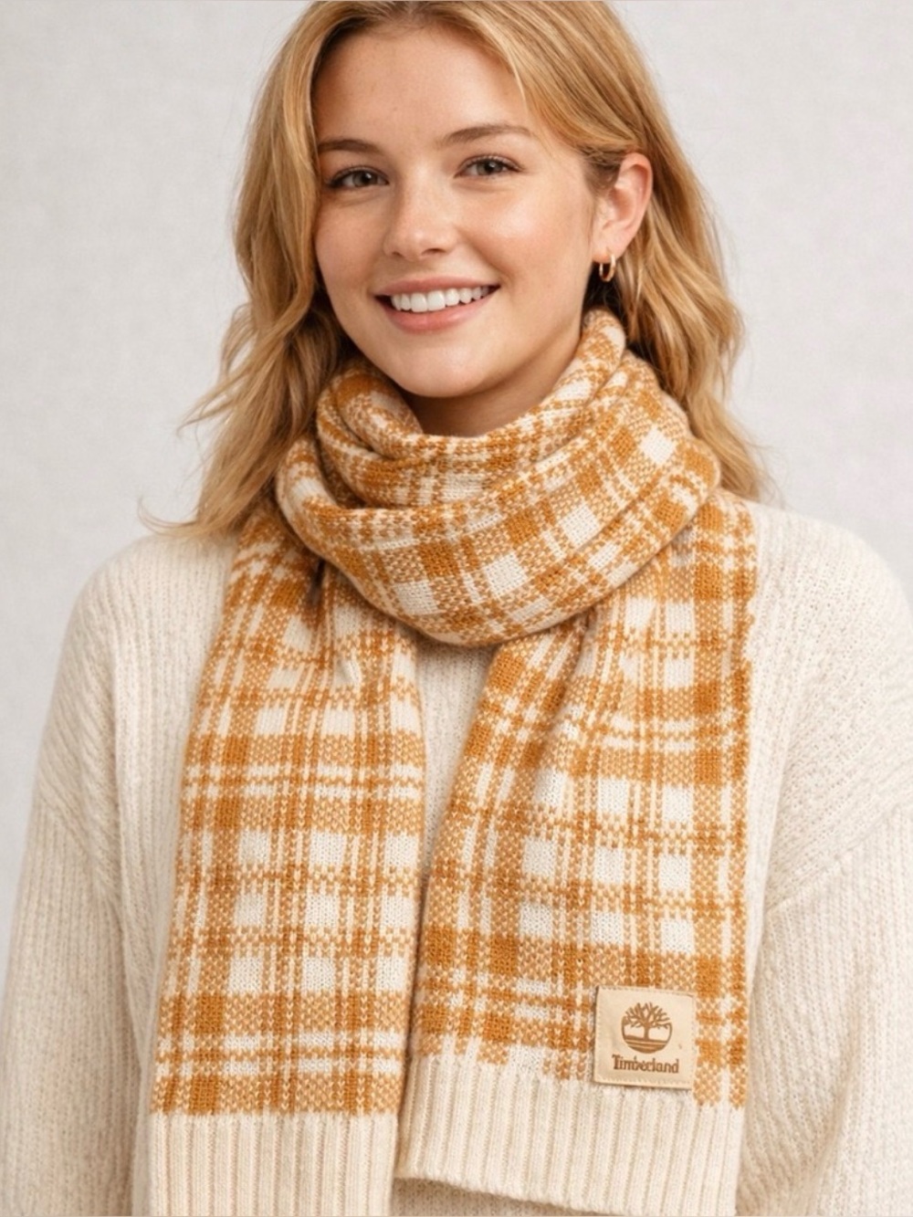 Timberland Plaid Knit Scarf Tan Cream Logo Patch Winter Unisex 60”